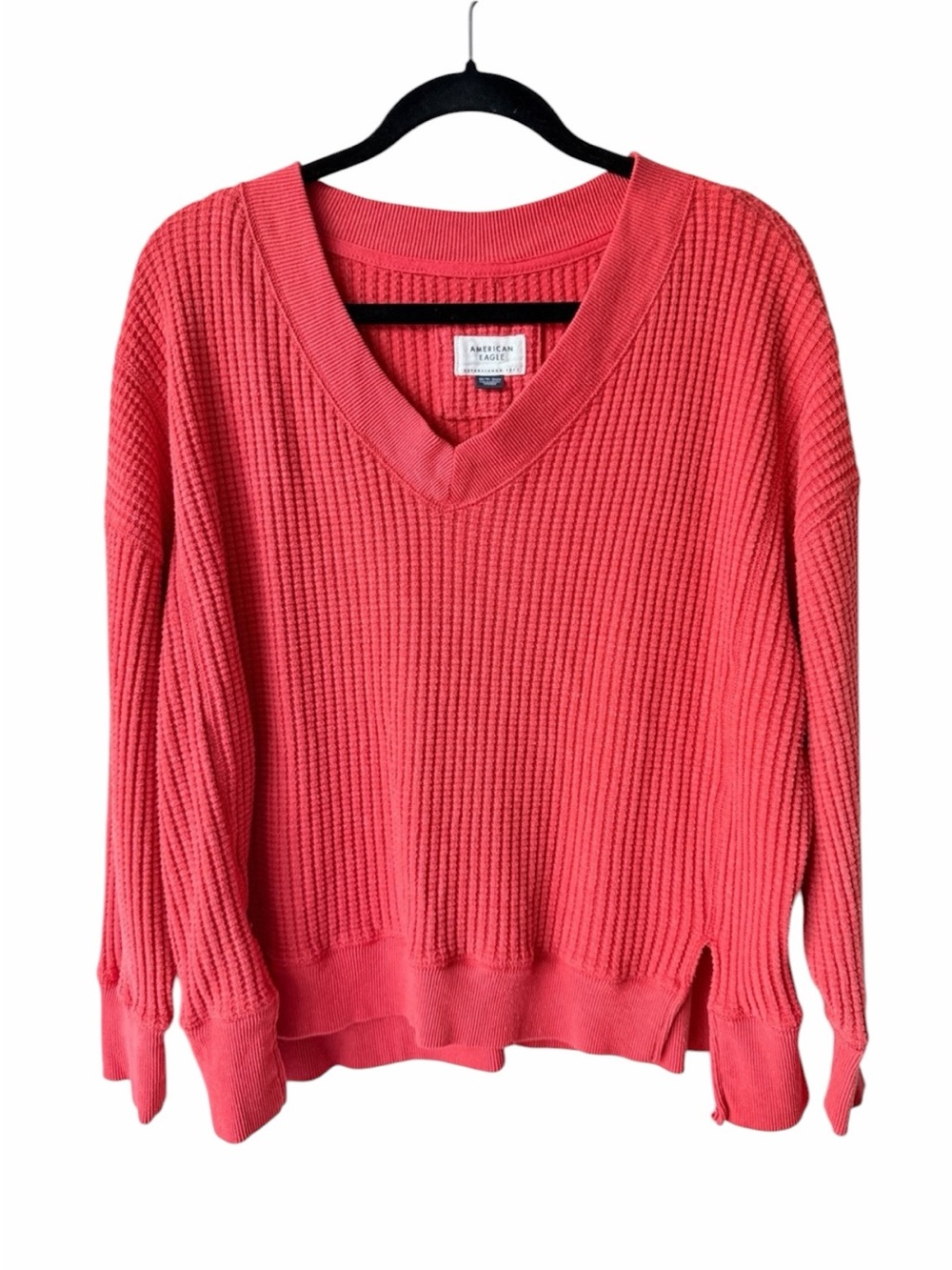 American Eagle Big Hug Oversized Waffle V-Neck Sweatshirt XS Coral Orange